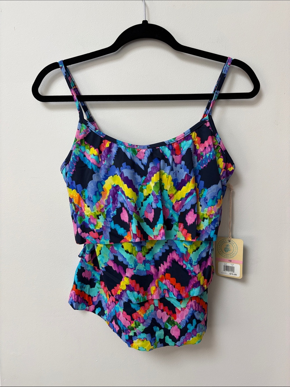 Caribbean Joe SILLY STRING Triple Tier Ruffle Tankini Top,Size 10,NWT